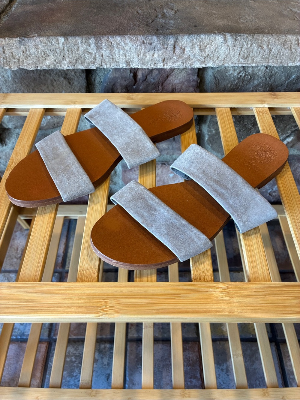 Vince Camuto Taupe Suede Double-Strap Slide Sandals